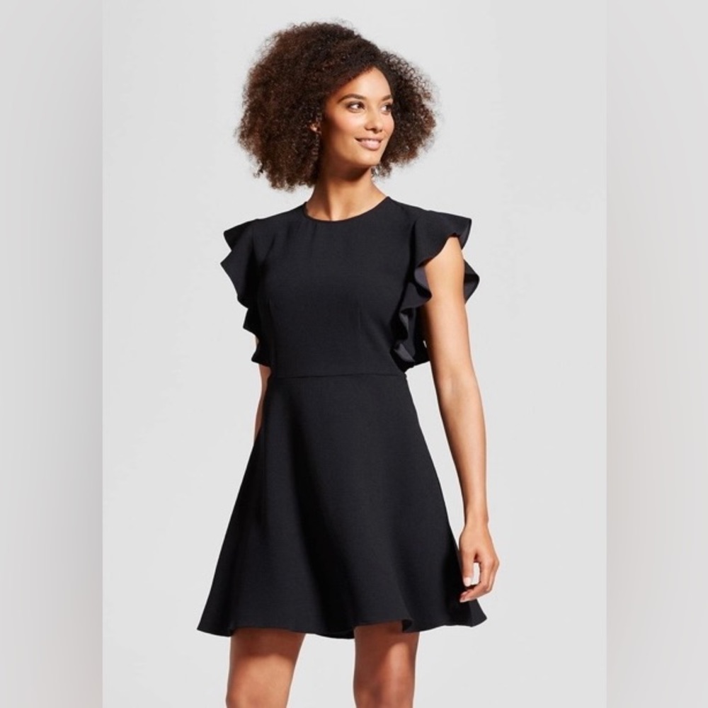 Who What Wear Fit & Flare Sleeveless with Ruffle Detail Dress, Black, Size Large
